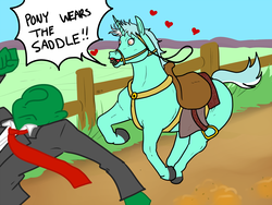 Size: 1200x900 | Tagged: safe, artist:pony quarantine, lyra heartstrings, oc, oc:anon, horse, human, unicorn, g4, clothes, do not want, female, fence, floating heart, galloping, grass, heart, heart eyes, hoers, horses doing horse things, humie, lyra doing lyra things, male, mare, necktie, nope, pony wears the saddle, running, saddle, shirt, speech bubble, suit, tack, text, wingding eyes