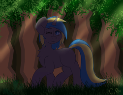 Size: 3850x2975 | Tagged: safe, artist:cottonbreeze, oc, oc only, oc:fizzygreen, pony, unicorn, blue, blue eyes, brown, chest fluff, commission, equine, forest, grass, gray, gray coat, green, happy, high res, horn, looking at you, male, nature, nudity, one eye closed, outdoors, smiling, solo, stallion, sunshine, tree, trotting, walking, wink, yellow