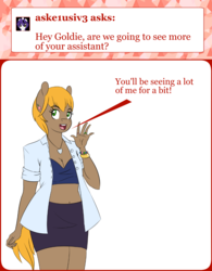 Size: 1000x1280 | Tagged: safe, artist:shelltoon, oc, oc only, oc:candy, earth pony, anthro, ask goldie, ask, blonde, blouse, bracelet, breasts, cleavage, clothes, cute, ear piercing, earring, female, green eyes, gyaru, jewelry, midriff, miniskirt, necklace, piercing, ring, skirt, solo, thighs, tumblr