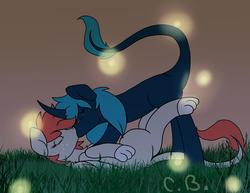 Size: 3850x2975 | Tagged: safe, artist:cottonbreeze, oc, oc only, firefly (insect), pony, female, high res, kissing, lesbian, mare, oc x oc, shipping