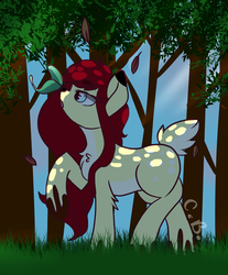 Size: 2975x3592 | Tagged: safe, artist:cottonbreeze, oc, oc only, butterfly, deer pony, original species, female, forest, high res, leaves, mare, raised hoof, solo
