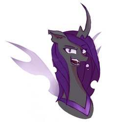 Size: 1577x1678 | Tagged: safe, artist:ximsketchs, oc, oc only, oc:queen columbine, changeling, changeling queen, changeling oc, changeling queen oc, fangs, female, purple changeling, purple eyes, simple background, sneer, solo, white background, wings