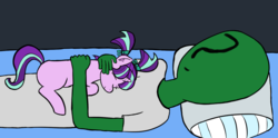 Size: 1650x818 | Tagged: safe, artist:shobieshy, starlight glimmer, oc, oc:anon, pony, unicorn, g4, bed, bow, cuddling, ear fluff, eyes closed, female, filly, filly starlight glimmer, hair bow, holding a pony, lying down, on back, pillow, prone, sleeping, smiling, younger