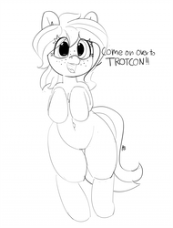 Size: 1280x1687 | Tagged: safe, artist:pabbley, oc, oc only, oc:peanut bucker, pony, 30 minute art challenge, belly button, bipedal, dialogue, female, mare, monochrome, open mouth, simple background, solo, white background