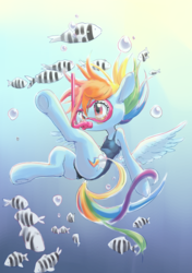 Size: 1223x1736 | Tagged: safe, artist:unousaya, rainbow dash, fish, pegasus, pony, g4, bubble, clothes, dive mask, diving, female, goggles, mare, multicolored hair, one-piece swimsuit, snorkel, solo, swimsuit, underhoof, underwater