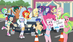 Size: 1360x790 | Tagged: safe, artist:dm29, applejack, flash sentry, fluttershy, indigo zap, lemon zest, pinkie pie, rainbow dash, rarity, sci-twi, sour sweet, sugarcoat, sunny flare, sunset shimmer, timber spruce, twilight sparkle, equestria girls, g4, my little pony equestria girls: friendship games, my little pony equestria girls: legend of everfree, abs, adorasexy, armpits, belly button, bikini, breasts, car, car wash, clothes, converse, cute, ear piercing, earring, eyes closed, female, flash sentry's car, glasses, jewelry, julian yeo is trying to murder us, male, open mouth, piercing, sexy, shirt, shoes, shorts, sneakers, socks, swimsuit, topless, water balloon, wet, wet clothes, wet shirt, wet t-shirt