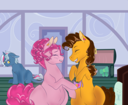 Size: 1024x843 | Tagged: safe, artist:uniquecolorchaos, cheese sandwich, pinkie pie, oc, oc:silver lining, pony, unicorn, g4, colt, female, happy, male, offspring, parent:pinkie pie, parent:pokey pierce, parents:pokeypie, preggy pie, pregnant, sad, ship:cheesepie, shipping, straight