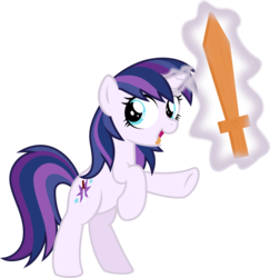 Size: 3000x3091 | Tagged: safe, artist:sollace, oc, oc only, oc:paladin, pony, bipedal, cute, female, filly, high res, inbred, looking at you, magic, offspring, open mouth, parent:shining armor, parent:twilight sparkle, parents:shining sparkle, product of incest, rearing, show accurate, simple background, solo, tongue out, transparent background, vector, wooden sword