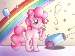 Size: 467x350 | Tagged: safe, artist:silviasilvar, pinkie pie, earth pony, pony, g4, balloon, cupcake, cute, diapinkes, female, food, mare, party cannon, rainbow, smiling, solo