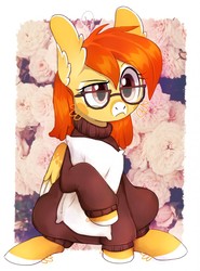 Size: 947x1280 | Tagged: safe, artist:ketticat55, oc, oc only, pegasus, pony, clothes, ear fluff, glasses, pillow, solo, sweater