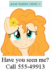 Size: 247x354 | Tagged: safe, artist:aqua-pony, edit, edited screencap, screencap, pear butter, earth pony, pony, derpibooru, g4, the perfect pear, 404, female, http status code, mare, meta, phone number, smiling, solo, tags