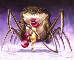 Size: 1024x823 | Tagged: safe, artist:baron engel, apple bloom, earth pony, pony, g4, arm hooves, bipedal, bloom butt, bow, butt, colored pencil drawing, confrontation, hair bow, monster, plot, rear view, scythe, traditional art, underhoof