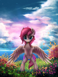 Size: 3545x4672 | Tagged: safe, artist:atlas-66, oc, oc only, oc:cute wing, pegasus, pony, absurd resolution, bipedal, fangs, female, flower, grass, looking at you, mare, mouth hold, ocean, outdoors, scenery, smiling, solo, water