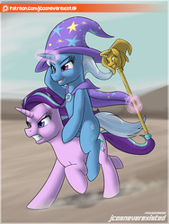 Size: 450x600 | Tagged: safe, artist:jcosneverexisted, starlight glimmer, trixie, pony, unicorn, g4, angry, cane, cape, clothes, duo, female, glowing horn, hat, horn, magic, mare, patreon, patreon logo, ponies riding ponies, reward, riding, running, telekinesis, trixie riding starlight glimmer, trixie's cape, trixie's hat