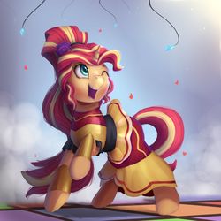 Size: 1050x1050 | Tagged: safe, artist:vanillaghosties, sunset shimmer, pony, unicorn, dance magic, equestria girls, equestria girls specials, g4, beautiful, clothes, cute, dress, female, flamenco dress, mare, one eye closed, raised hoof, shimmerbetes, smiling, sunset shimmer flamenco dress