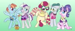 Size: 1900x800 | Tagged: safe, artist:sallindaemon, cloudy quartz, cookie crumbles, pear butter, posey shy, twilight velvet, windy whistles, earth pony, pegasus, pony, unicorn, g4, the perfect pear, bipedal, clothes, colored wings, dark comedy, gradient background, jar, mom six, multicolored wings, pear butter (food), shirt, sitting, smiling