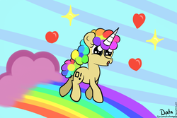 Size: 1200x800 | Tagged: safe, artist:saria the frost mage, pony, unicorn, cute, heart, rainbow, rainbow hair, rainbow tail