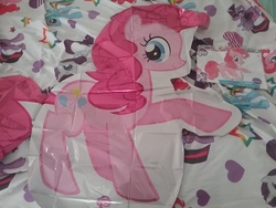 Size: 2592x1944 | Tagged: safe, pinkie pie, rainbow dash, pony, g4, bed, blanket, my little pony logo, mylar balloon, rarity twilight sparkle