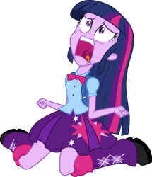 Size: 3001x3492 | Tagged: safe, artist:cloudy glow, twilight sparkle, equestria girls, g4, my little pony equestria girls, backpack, bowtie, clothes, female, high res, kneeling, leg warmers, screaming, shirt, shoes, simple background, skirt, solo, transparent background, twilight's human reaction, vector