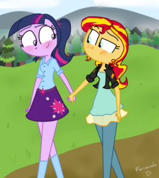 Size: 3008x3352 | Tagged: safe, artist:fernandash, sunset shimmer, twilight sparkle, equestria girls, g4, alternate hairstyle, female, high res, holding hands, lesbian, looking at each other, ship:sunsetsparkle, shipping