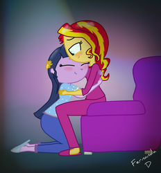 Size: 2024x2184 | Tagged: safe, artist:fernandash, sunset shimmer, twilight sparkle, equestria girls, g4, alternate clothes, clothes, eyes closed, female, high res, hug, lesbian, pajamas, ship:sunsetsparkle, shipping, slippers