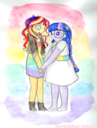 Size: 1997x2625 | Tagged: safe, artist:therainbowmaiden, sci-twi, sunset shimmer, twilight sparkle, equestria girls, g4, alternate clothes, clothes, dress, female, gay pride, gay pride flag, heart eyes, holding hands, lesbian, looking at each other, pride, pride month, ship:sci-twishimmer, ship:sunsetsparkle, shipping, wingding eyes