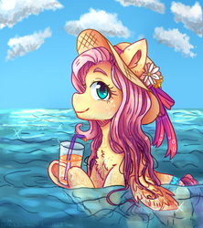 Size: 1024x1151 | Tagged: safe, artist:kitsu-chan11, fluttershy, pony, g4, beach, bikini, bikini bottom, chest fluff, clothes, cute, drink, female, hat, hoof hold, looking at you, looking sideways, mare, ocean, profile, shyabetes, smiling, solo, straw hat, swimsuit, water, wet mane