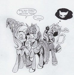 Size: 1444x1456 | Tagged: safe, artist:shard-of-life, sunset shimmer, trixie, twilight sparkle, alicorn, pony, g4, angry, blushing, female, flirting, jealous, lesbian, looking at each other, magical trio, mare, monochrome, pencil, ship:sunsetsparkle, ship:twixie, shipping, simple background, sketch, traditional art, twilight sparkle (alicorn)