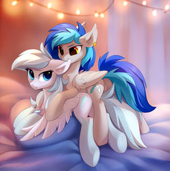 Size: 1391x1400 | Tagged: safe, artist:tomatocoup, oc, oc only, oc:coldfire, oc:glacial shine, bat pony, hybrid, pegabat, pegasus, pony, bedroom, biting, blue eyes, butt, chest fluff, cute, cute little fangs, duo, ear bite, ear piercing, earring, fangs, featureless crotch, female, jewelry, lesbian, looking at each other, looking at you, lying, lying on top of someone, mare, orange eyes, piercing, plot, string lights, underhoof