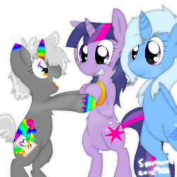 Size: 600x600 | Tagged: safe, artist:justagirlonline, trixie, twilight sparkle, oc, pony, unicorn, g4, colored hooves, colored horn, female, horn, lesbian, mare, ship:twixie, shipping, simple background, unshorn fetlocks, white background