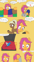 Size: 2400x4400 | Tagged: safe, artist:jake heritagu, apple bloom, scootaloo, oc, oc:sandy hooves, pony, comic:ask motherly scootaloo, g4, clothes, comic, crying, hairpin, high res, motherly scootaloo, quilt, sweatshirt