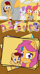 Size: 3794x6956 | Tagged: safe, artist:jake heritagu, apple bloom, pinkie pie, scootaloo, sweetie belle, twilight sparkle, oc, oc:lightning blitz, pegasus, pony, ask miss twilight sparkle, comic:ask motherly scootaloo, g4, absurd resolution, baby, baby pony, birthday cake, cake, clothes, colt, comic, crying, dialogue, diaper, diaper change, female, food, hairpin, hat, holding a pony, male, miss twilight sparkle, mother and son, motherly scootaloo, offspring, older, older apple bloom, older scootaloo, older sweetie belle, parent:rain catcher, parent:scootaloo, parents:catcherloo, party hat, party horn, photo, speech bubble, sweatshirt, tears of joy, teary eyes, teething ring