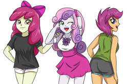 Size: 5314x3507 | Tagged: safe, artist:sumin6301, apple bloom, scootaloo, sweetie belle, equestria girls, g4, absurd resolution, ass, bow, breasts, busty apple bloom, busty sweetie belle, butt, clothes, cute, cutie mark crusaders, dress, hair bow, looking at you, looking back, older, one eye closed, rear view, scootabutt, shirt, shorts, simple background, smiling, trio, white background, wink
