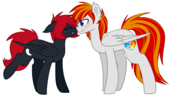 Size: 2800x1619 | Tagged: safe, artist:despotshy, oc, oc only, oc:heartfire, oc:sky dive, pegasus, pony, boop, female, male, mare, noseboop, oc x oc, shipping, simple background, stallion, straight, transparent background