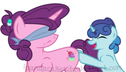 Size: 985x565 | Tagged: safe, artist:ipandacakes, sugar belle, oc, oc:confetti popper, pony, g4, blindfold, colt, female, male, mother and son, offspring, older, parent:party favor, parent:sugar belle, parents:partybelle, simple background, transparent background