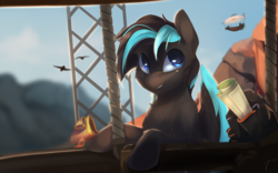 Size: 1430x890 | Tagged: safe, artist:tangomangoes, oc, oc only, oc:thunder blitz, pegasus, pony, airship, backpack, bust, colored wings, commission, male, multicolored wings, paper, portrait, solo, stallion