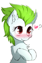 Size: 1000x1500 | Tagged: safe, artist:morningbullet, oc, oc only, earth pony, pony, blushing, bust, chest fluff, ear fluff, female, heart, hooves up, mare, portrait, signature, simple background, smiling, solo, white background