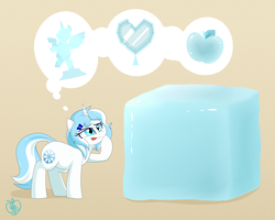 Size: 3000x2400 | Tagged: safe, artist:notenoughapples, oc, oc only, oc:glacier shroud, pony, unicorn, cute, female, high res, ice, ice cube, mare, ocbetes, solo, thought bubble, tongue out