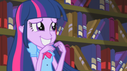 Size: 1920x1080 | Tagged: safe, screencap, twilight sparkle, equestria girls, g4, my little pony equestria girls, book, bookshelf, clothes, grin, library, nervous, nervous smile, shit eating grin, smiling