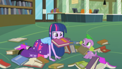 Size: 1920x1080 | Tagged: safe, screencap, spike, twilight sparkle, dog, equestria girls, g4, my little pony equestria girls, all fours, book, humans doing horse things, library, mouth hold, spike the dog