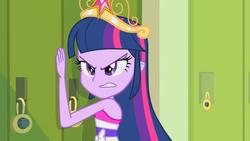 Size: 1920x1080 | Tagged: safe, screencap, twilight sparkle, alicorn, equestria girls, g4, my little pony equestria girls, angry, bare shoulders, big crown thingy, crown, element of magic, fall formal outfits, jewelry, lockers, regalia, sleeveless, strapless, twilight sparkle (alicorn)