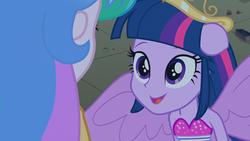 Size: 1920x1080 | Tagged: safe, screencap, princess celestia, principal celestia, twilight sparkle, equestria girls, g4, my little pony equestria girls, bare shoulders, big crown thingy, clothes, dress, element of harmony, element of magic, excited, floppy ears, happy, jewelry, open mouth, ponied up, ponified, regalia, sleeveless, smiling, strapless, tiara, twilight sparkle (alicorn), wings