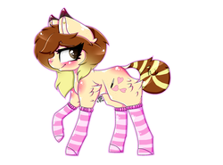 Size: 1024x758 | Tagged: safe, artist:novadrawsart, oc, oc only, oc:katie, earth pony, pony, blushing, clothes, earth pony oc, looking back, simple background, socks, solo, striped socks, white background