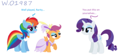 Size: 1024x466 | Tagged: safe, artist:wildokami1987, rainbow dash, rarity, scootaloo, pegasus, pony, unicorn, g4, clothes, dialogue, dress, female, filly, lipstick, makeover, makeup, mare, rainbow dash always dresses in style, raised hoof, revenge, tomboy taming