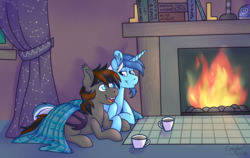 Size: 1920x1213 | Tagged: safe, artist:laydeekaze, oc, oc only, oc:bluebird solstice, oc:stardust wayfinder, bat pony, pony, unicorn, blanket, book, chocolate, coffee, couple, facial hair, fire, fireplace, food, gay, goatee, holding hooves, hot chocolate, looking at each other, male, tea