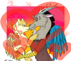 Size: 712x612 | Tagged: safe, alternate version, discord, oc, oc:exist, draconequus, griffequus, hybrid, g4, canon x oc, feather, fluffy, gay, male, shipping, wings