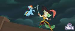 Size: 2048x858 | Tagged: safe, screencap, captain celaeno, rainbow dash, pony, anthro, g4, my little pony: the movie, official, anthro with ponies, mouth hold, my little pony logo, pirate rainbow dash, sword, sword fight, weapon