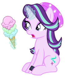 Size: 1348x1558 | Tagged: safe, artist:little903, starlight glimmer, pony, unicorn, equestria girls, equestria girls specials, g4, my little pony equestria girls: mirror magic, alternate hairstyle, base used, beanie, equestria girls ponified, eyeshadow, female, food, hat, ice cream, magic, makeup, open mouth, ponified, purple eyeshadow, simple background, solo, starry eyes, that pony sure does love ice cream, transparent background, wingding eyes