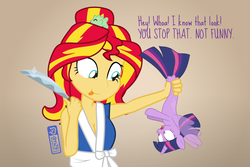 Size: 1200x800 | Tagged: safe, artist:dm29, sunset shimmer, twilight sparkle, alicorn, seapony (g4), equestria girls, g4, my little pony equestria girls: summertime shorts, my little pony: the movie, apron, breasts, brown background, cleavage, clothes, dark comedy, distressed, duo, hair bun, happi, imminent murder, kitchen knife, knife, seaponified, seapony twilight, simple background, species swap, sunset sushi, this will end in death, this will end in sushi, tongue out, toy interpretation, twilight sparkle (alicorn)