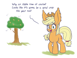 Size: 2000x1500 | Tagged: safe, artist:heir-of-rick, applejack, earth pony, pony, g4, ama, apple tree, appul, colored sketch, dialogue, female, impossibly large ears, pun, solo, tree, visual pun, wat